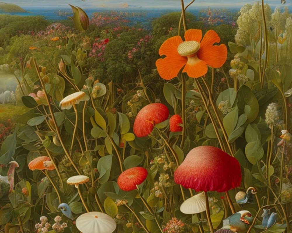 Colorful painting of oversized orange flowers and mushrooms in a lush landscape