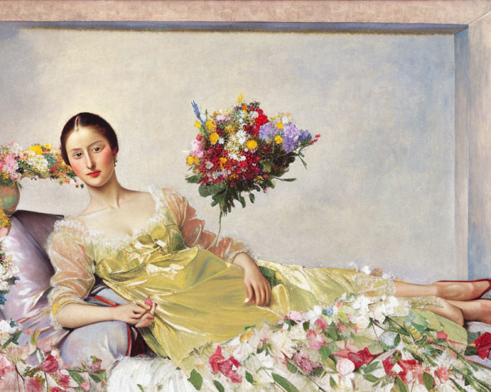 Woman in Yellow Dress Surrounded by Vibrant Flowers