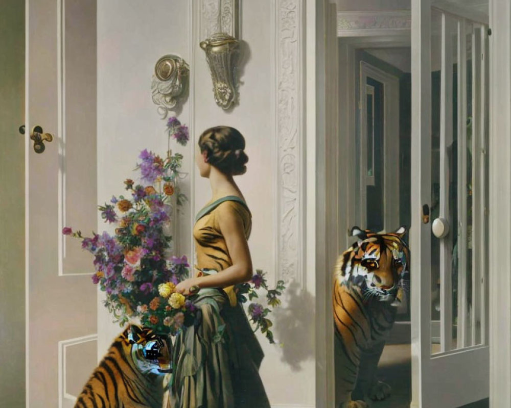 Surreal painting featuring woman, tigers, and green dress