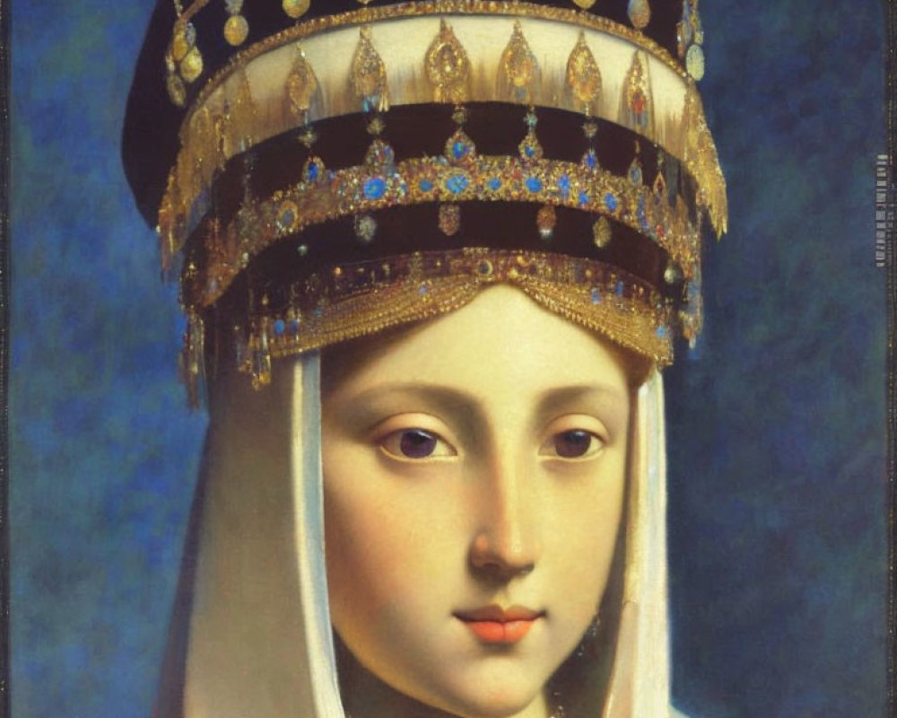 Portrait of Woman with Jeweled Crown and Veil on Blue Background