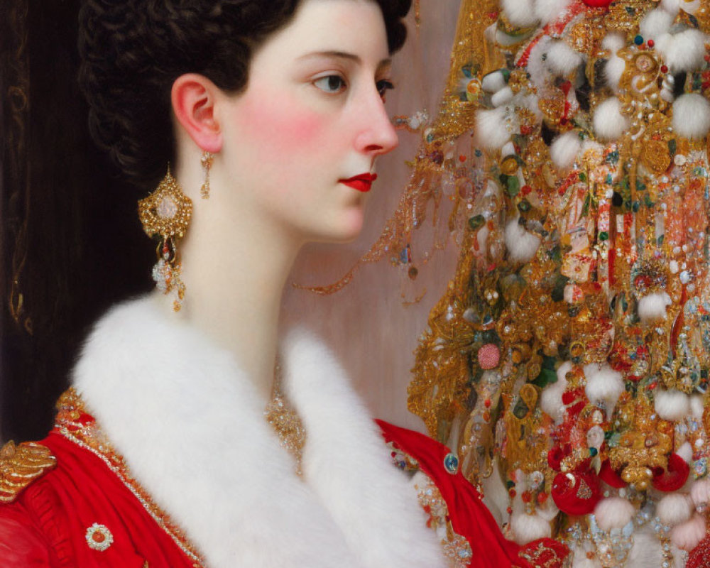 Detailed portrait of woman in red and white garment with gold jewelry against intricate embroidery backdrop