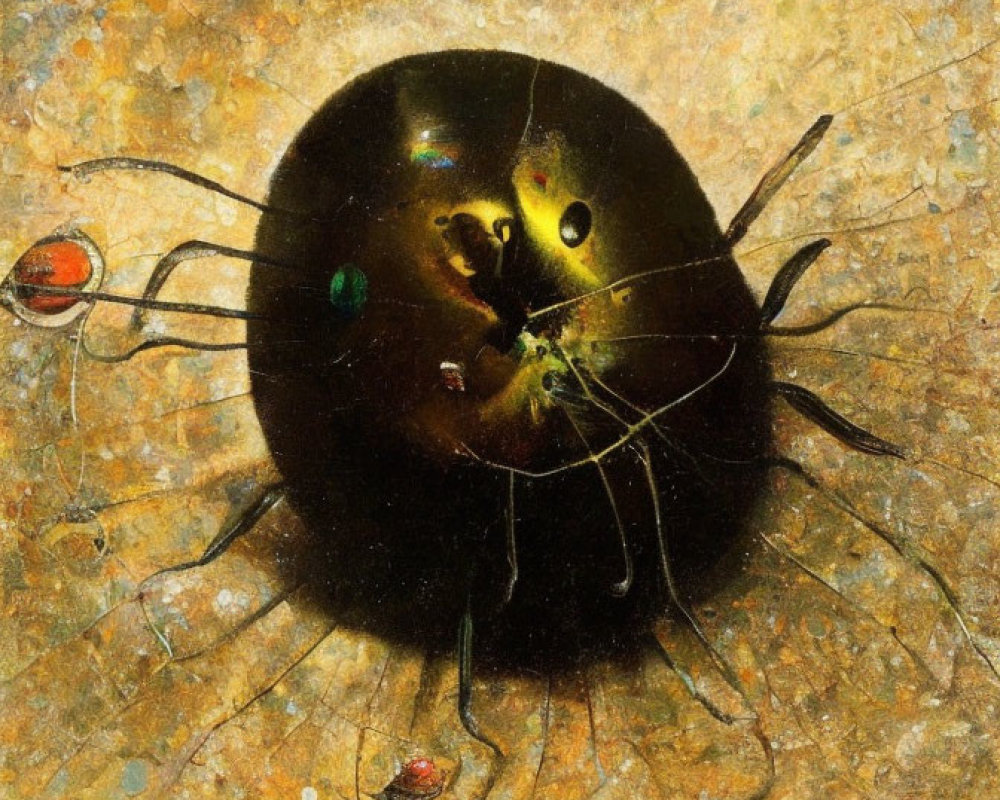 Surreal cosmic black sphere with eyes and tendrils against golden backdrop