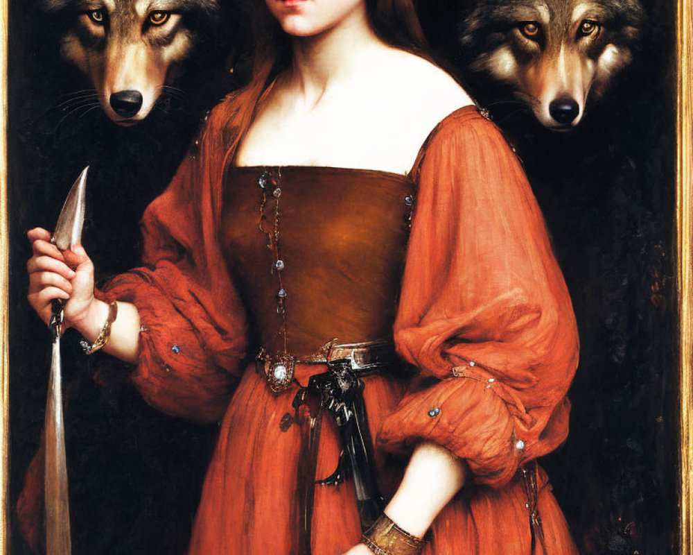 Medieval woman with dagger, wolves in dark classical painting