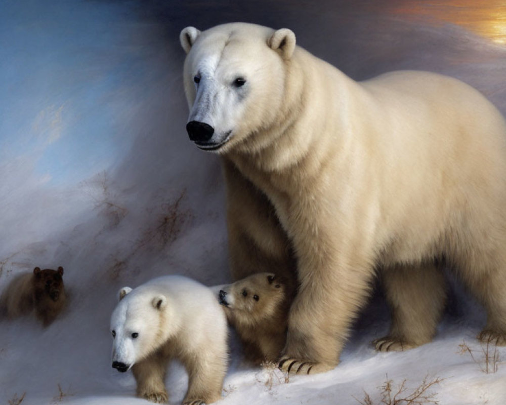 Polar bear with two cubs in snowy landscape with cloudy sky