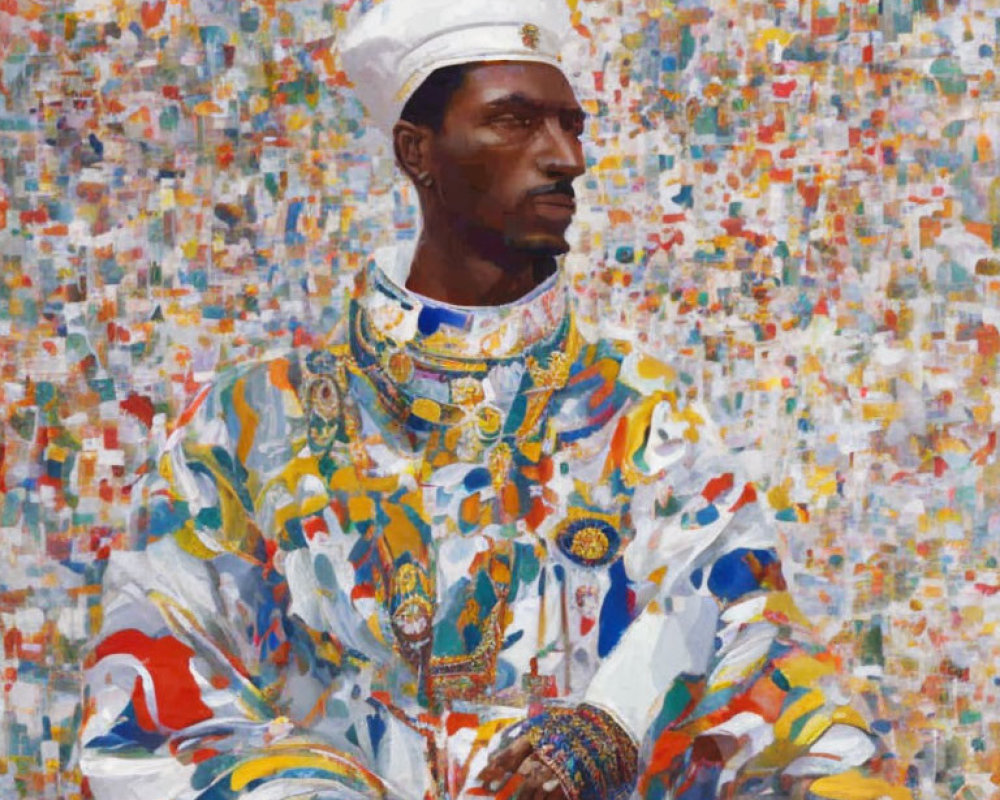 Man in White & Gold Traditional Attire on Multicolored Pointillist Background