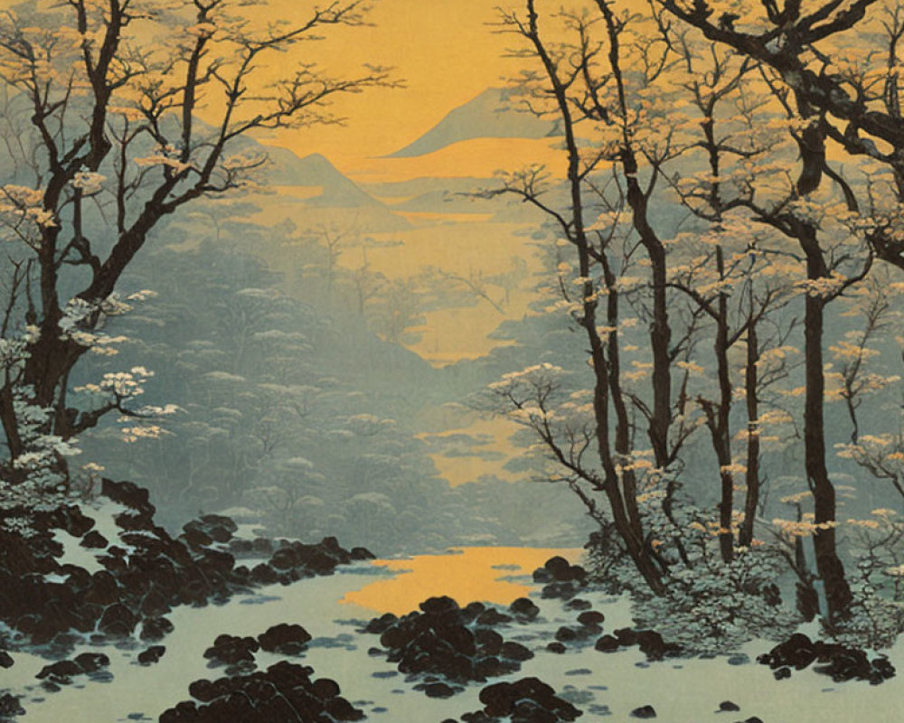 Japanese Woodblock Print: Winter Scene with Snow-Covered Trees, River, Mountains