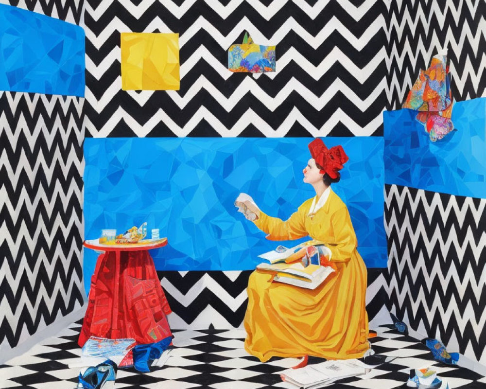 Person in Yellow Robe Painting in Geometric Room