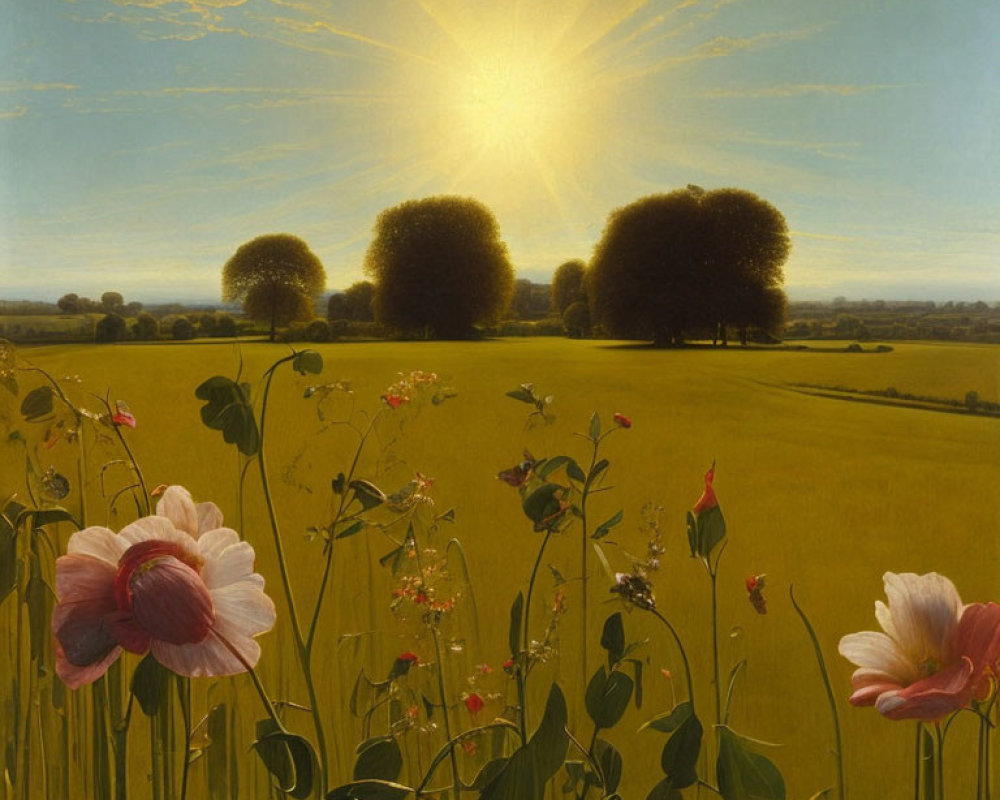 Tranquil landscape painting of sunlit field with round trees and vibrant flowers