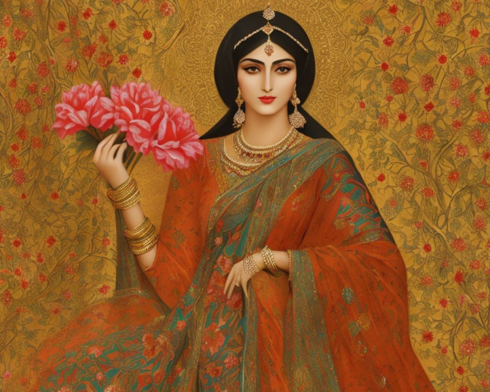 Illustrated Woman in Traditional Attire Holding Pink Flowers on Gold Background