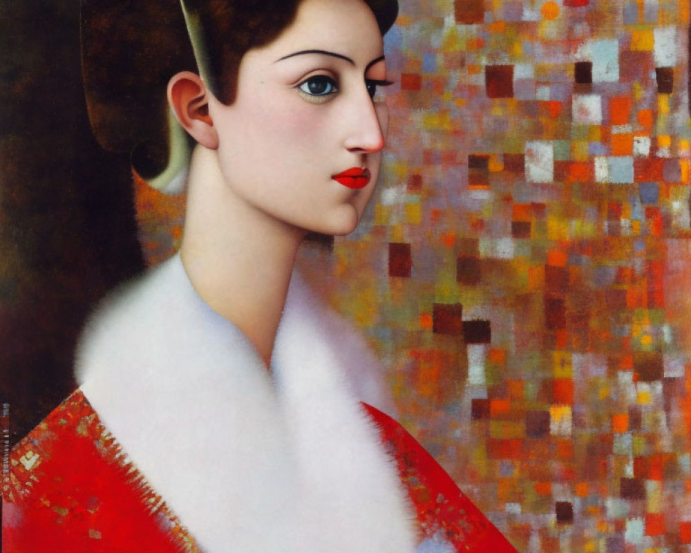 Portrait of Woman with White Fur Collar, Red Lips, and Ornate Headpiece on Mosaic