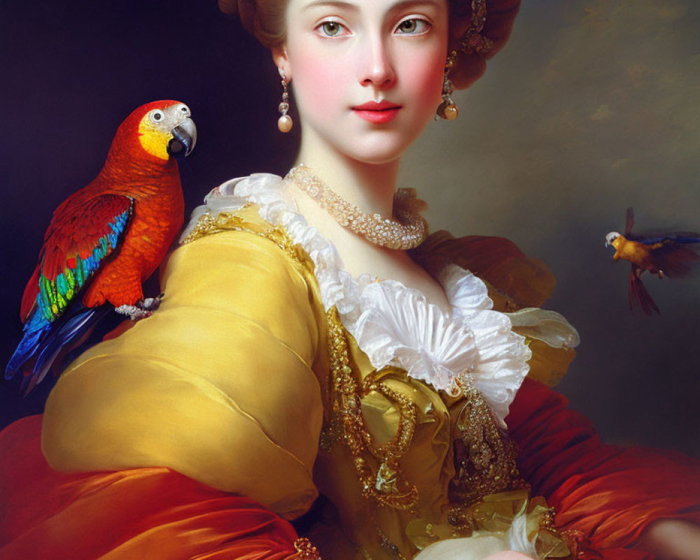 18th-Century-Style Portrait of Woman with Scarlet Macaw and Bird in Flight