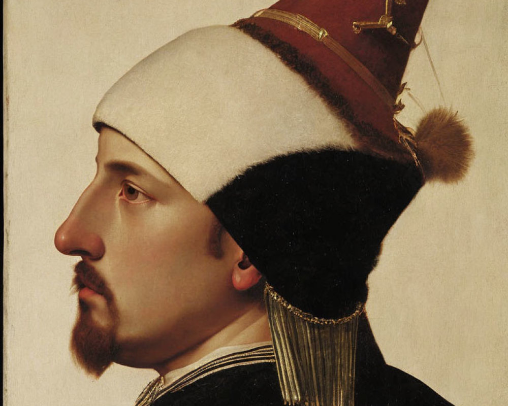 Detailed Profile Portrait of Man in Distinctive Fur-Trimmed Hat