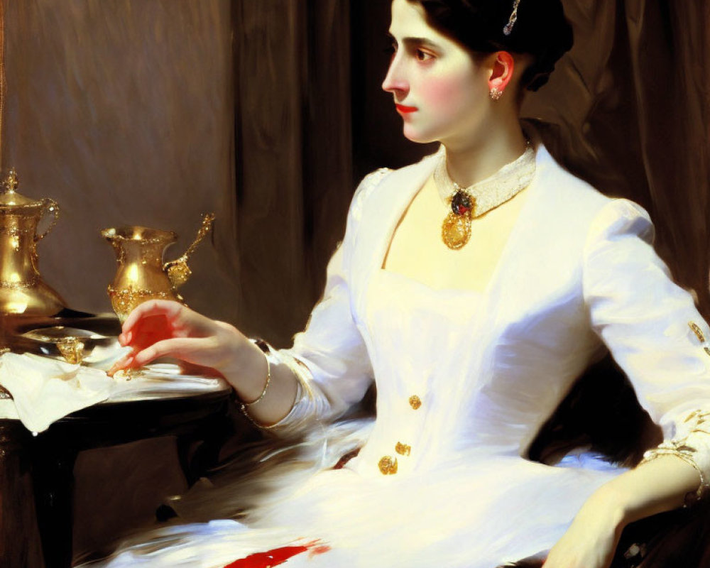 Portrait of elegant woman in white dress with spilled inkpot, holding letter.