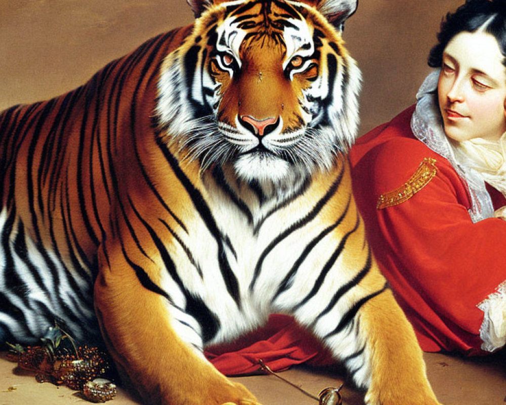 Woman in red dress with tiger and paintbrush in serene image