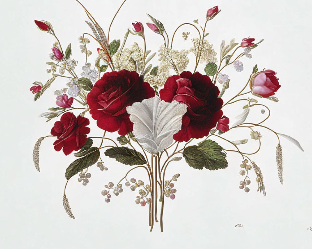 Botanical illustration of red roses, white flowers, and greenery on pale background