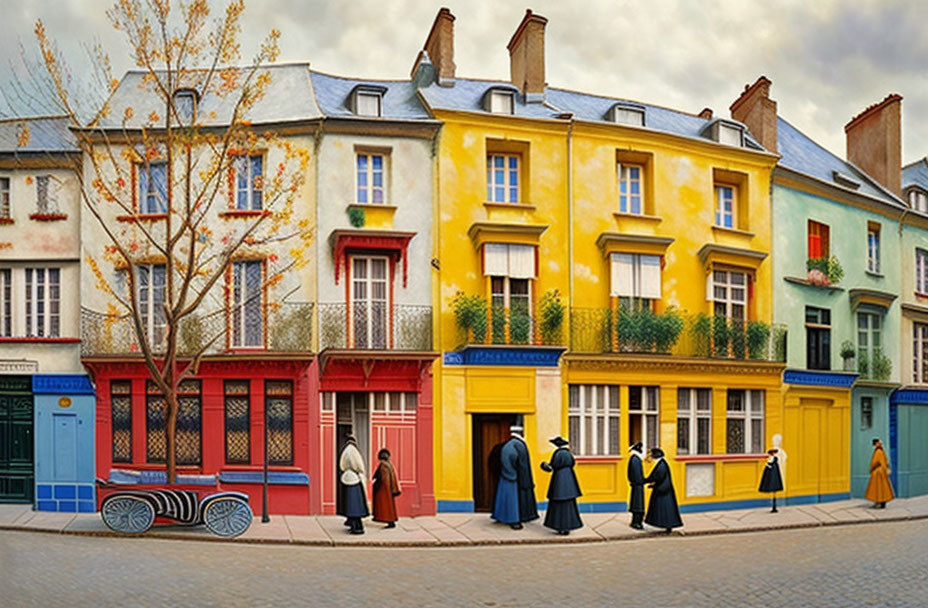 Colorful European-style buildings and cobblestone streets in vibrant street scene.