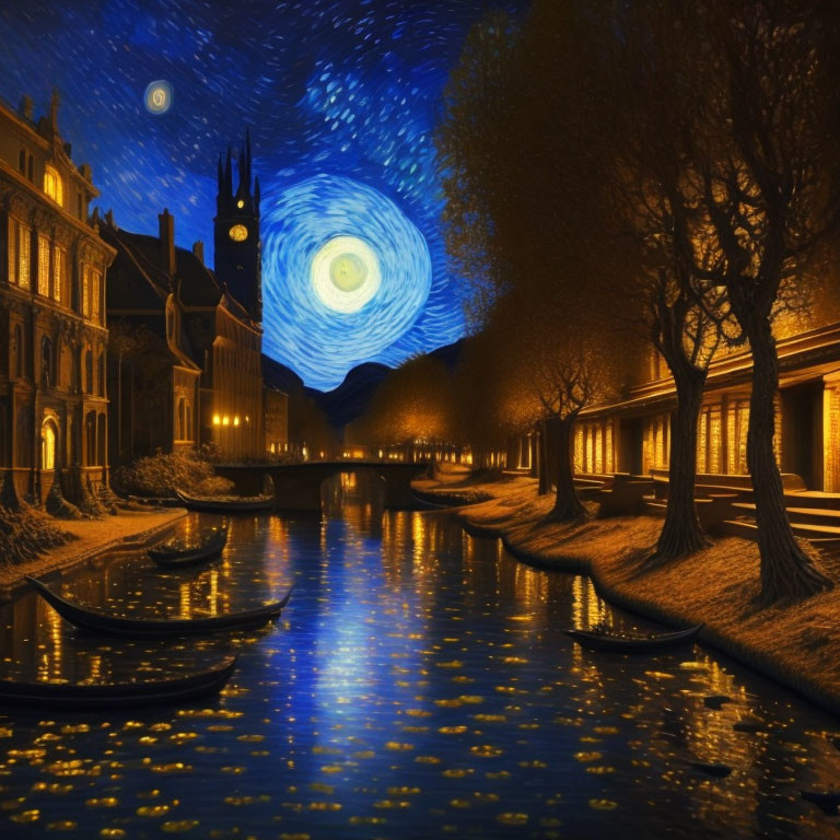 Night scene painting with swirling starry sky, illuminated buildings, canal, and boats.