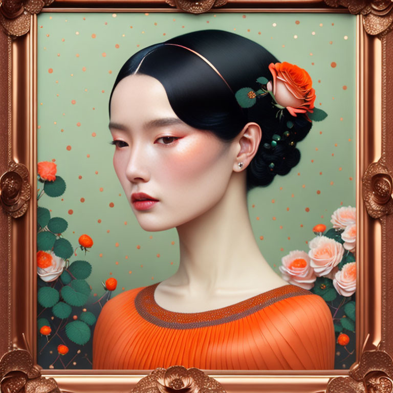 Digital painting of woman with traditional hairstyle and flower, ornate frame.