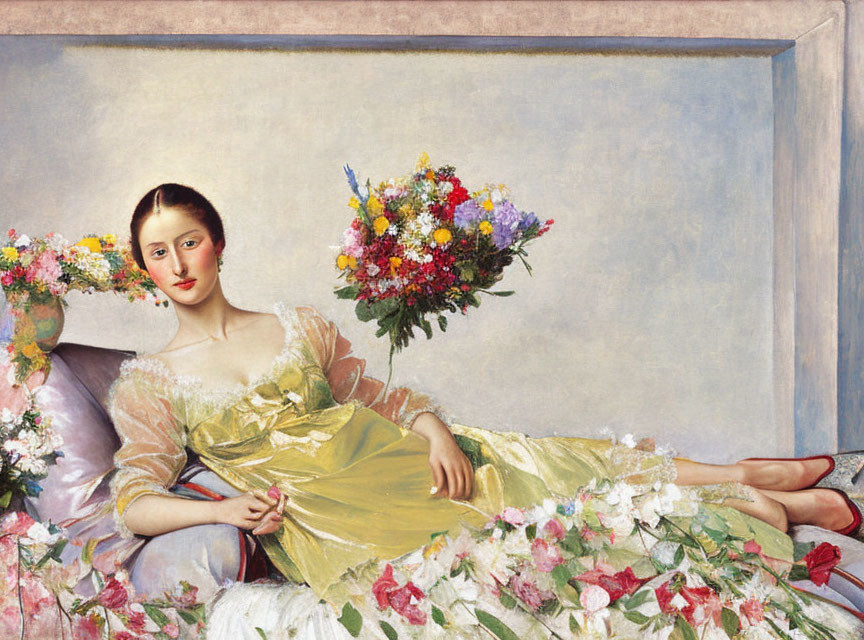 Woman in Yellow Dress Surrounded by Vibrant Flowers