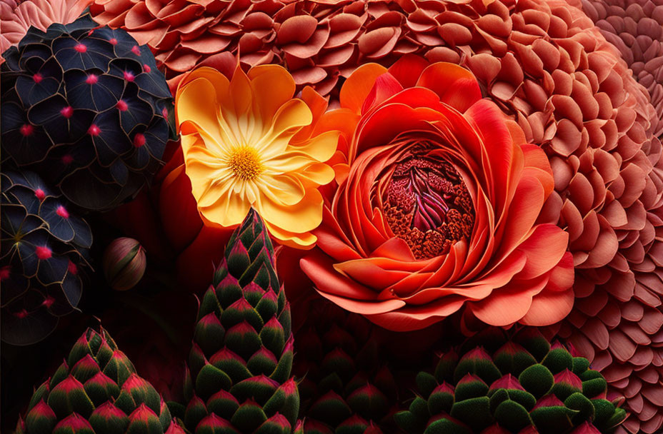 Colorful Close-Up of Intricate Flower Patterns in Red, Orange, and Pink