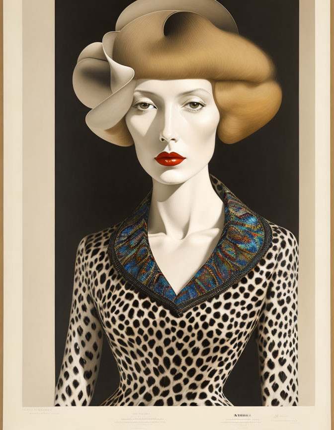 Woman with Stylish Hat, Red Lips, Leopard Print Dress & Blue Necklace