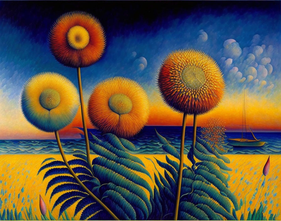 Vibrant sunset with oversized dandelion-like flowers and sailboat