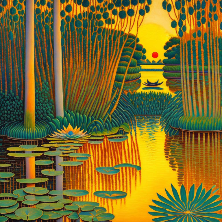 Colorful landscape with trees, water lilies, and reflections in orange, yellow, and green hues