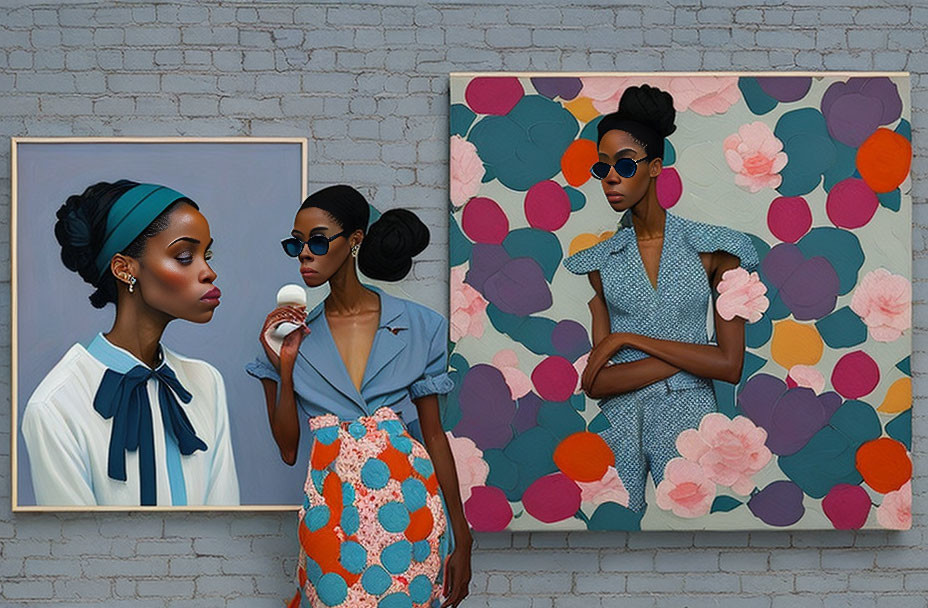 Stylish women in sunglasses pose with colorful floral artwork.