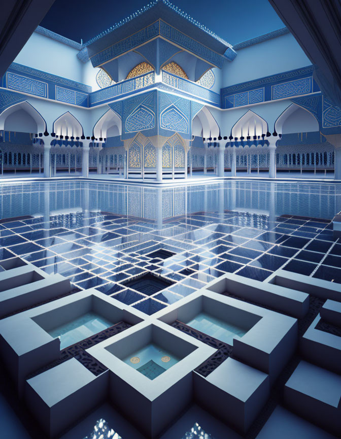 Intricate Blue-themed Mosque Interior with Islamic Architecture