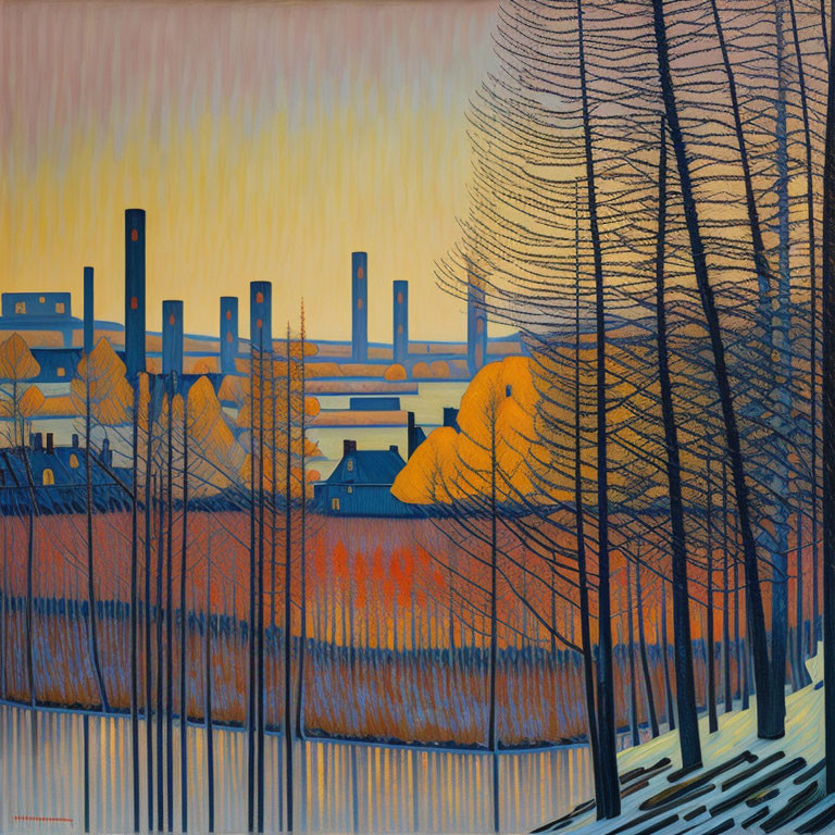 Industrial landscape at sunset with stylized trees and factory silhouettes.