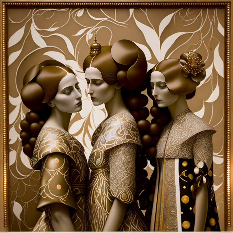 Stylized women with elaborate hairstyles in ornate dresses against golden backdrop