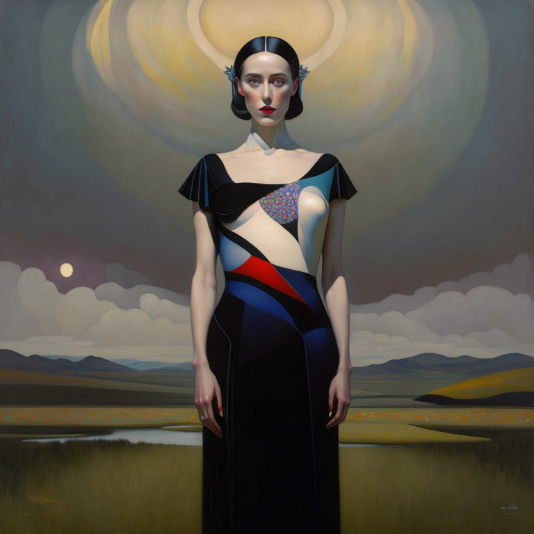 Stylized portrait of woman with ornate halo in surreal landscape