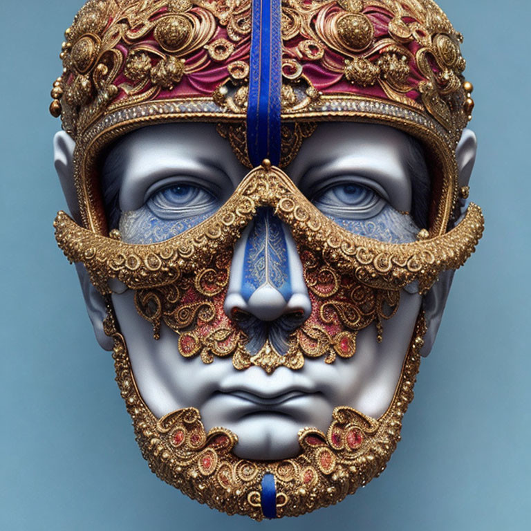 Detailed Gold and Red Ornate Mask on Blue Background with Striking Blue Eyes