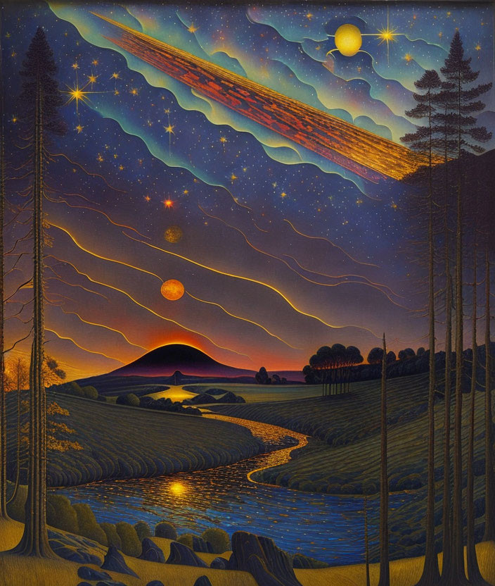 Stylized landscape with river, trees, hills, night sky, stars, planets, and meteor