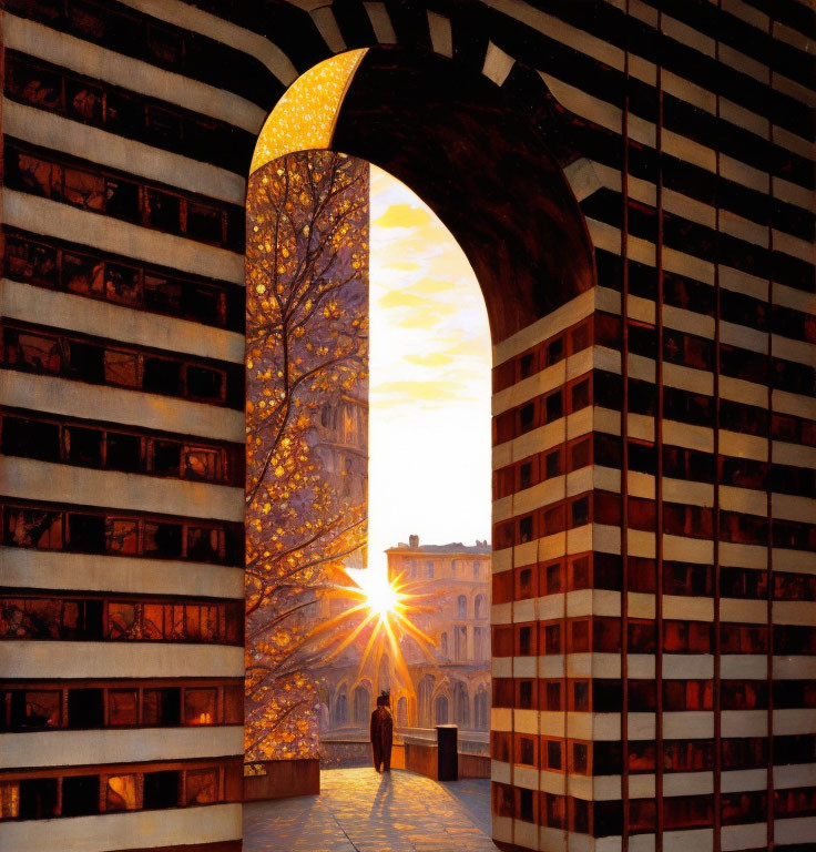 European-style city square archway under crescent moon at vibrant sunset.