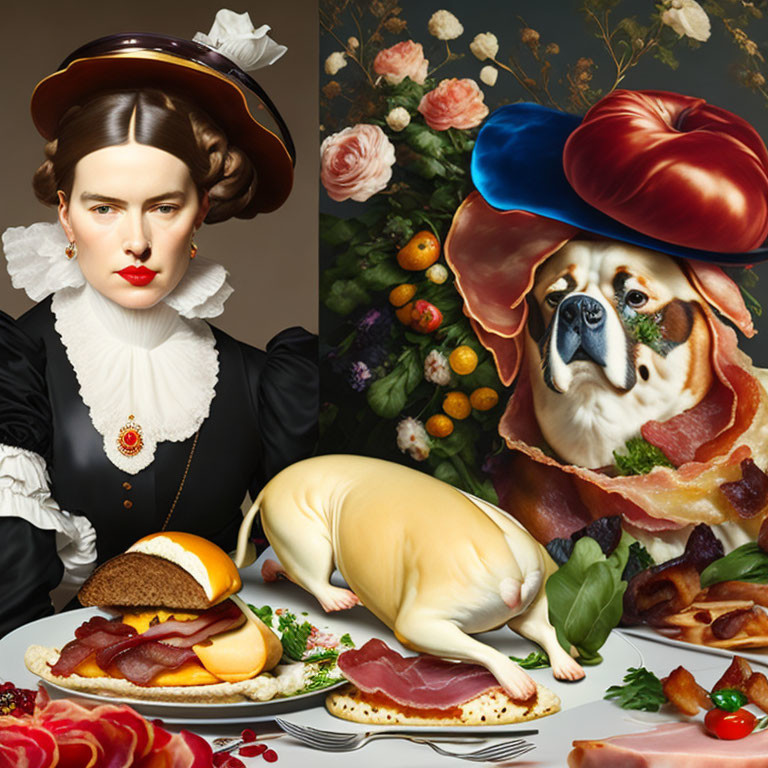 Surreal portrait of woman with hat and dog's head in beret, with food still-life