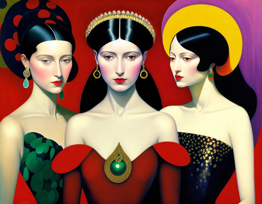 Stylized women with striking makeup and unique attire on vibrant red background