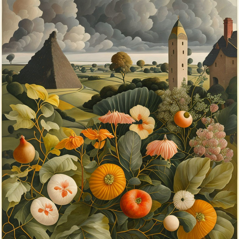 Surrealist painting with oversized flowers, fruits, tower, and stormy sky