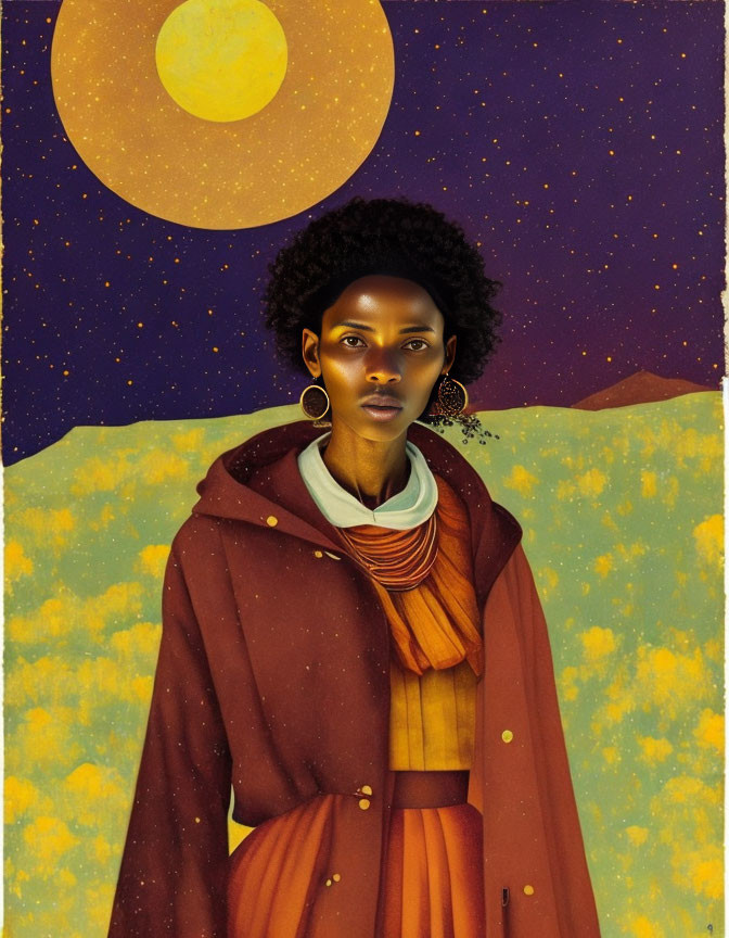 Woman in scarf and coat under starry night sky with moon