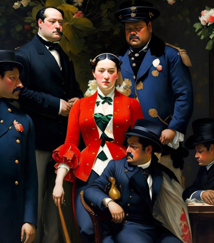 Surreal painting featuring woman in red jacket with portly men in blue uniforms