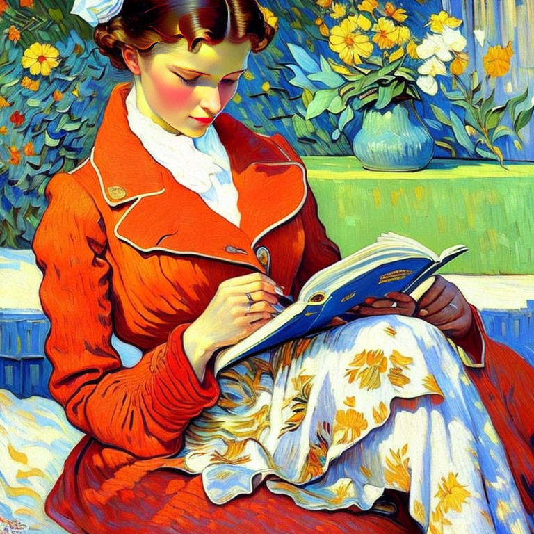 Stylized image of woman in red coat reading book with yellow flowers.