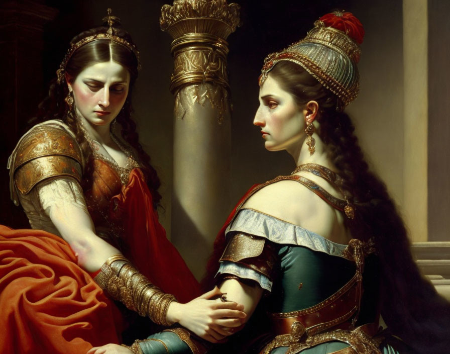 Regal painting of two women in orange and green attire with headdresses and jewelry.