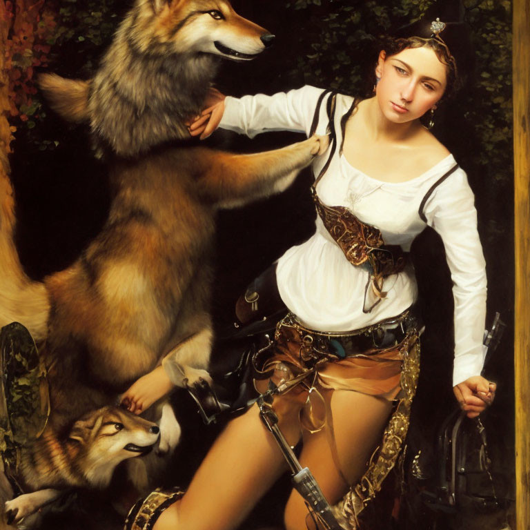 Medieval woman with two wolves in a painting