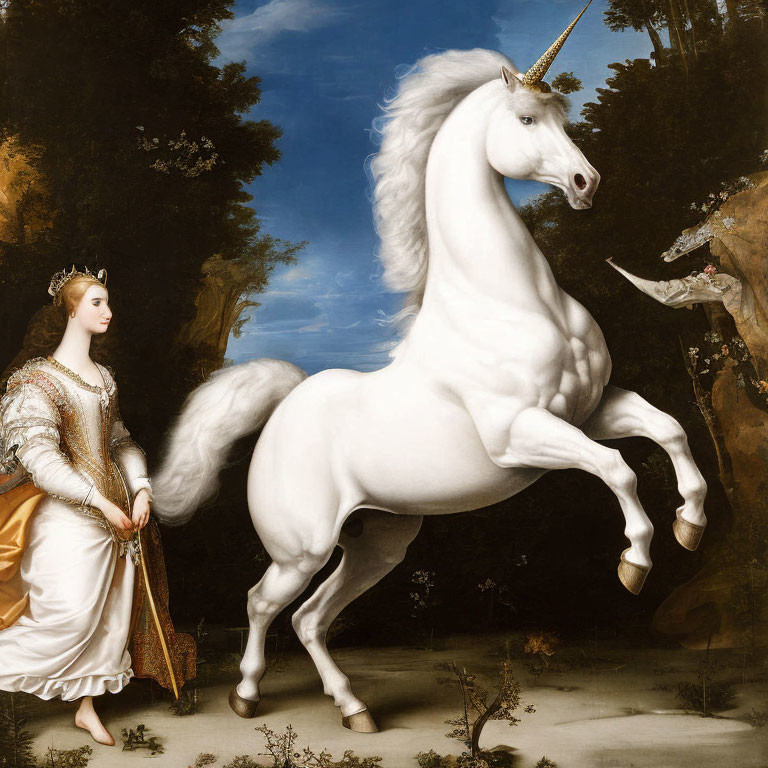 Princess in white dress with unicorn and falcon in forest clearing