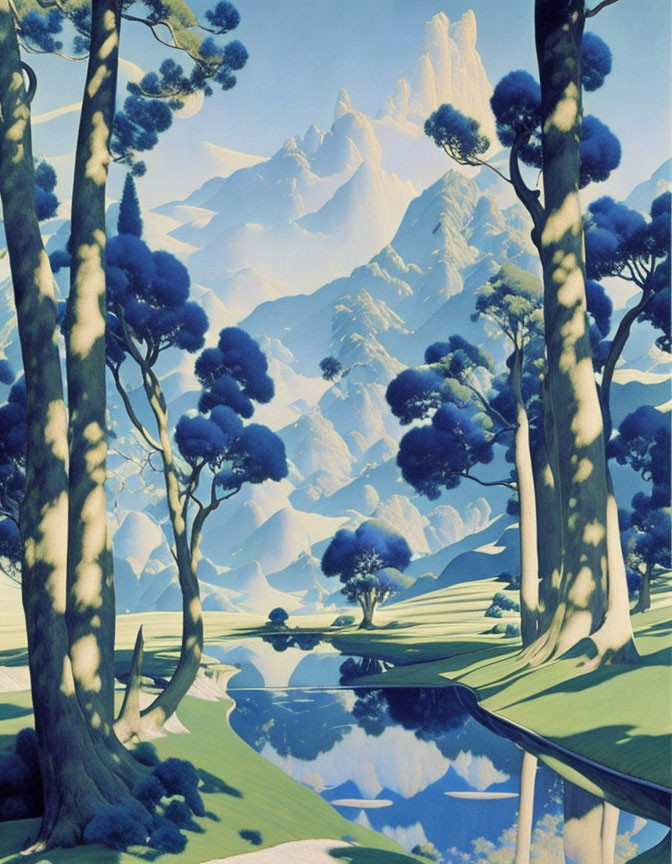 Surreal landscape with stylized trees and snow-capped mountains