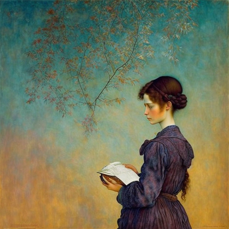 Woman in Purple Dress Reading Book Under Tree Branch in Serene Setting