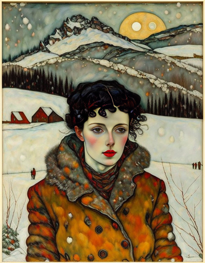 Dark Curly Haired Woman Portrait on Wintry Landscape with Mountains and Falling Snow