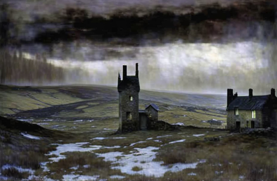 Abandoned stone tower and house in snowy, desolate landscape