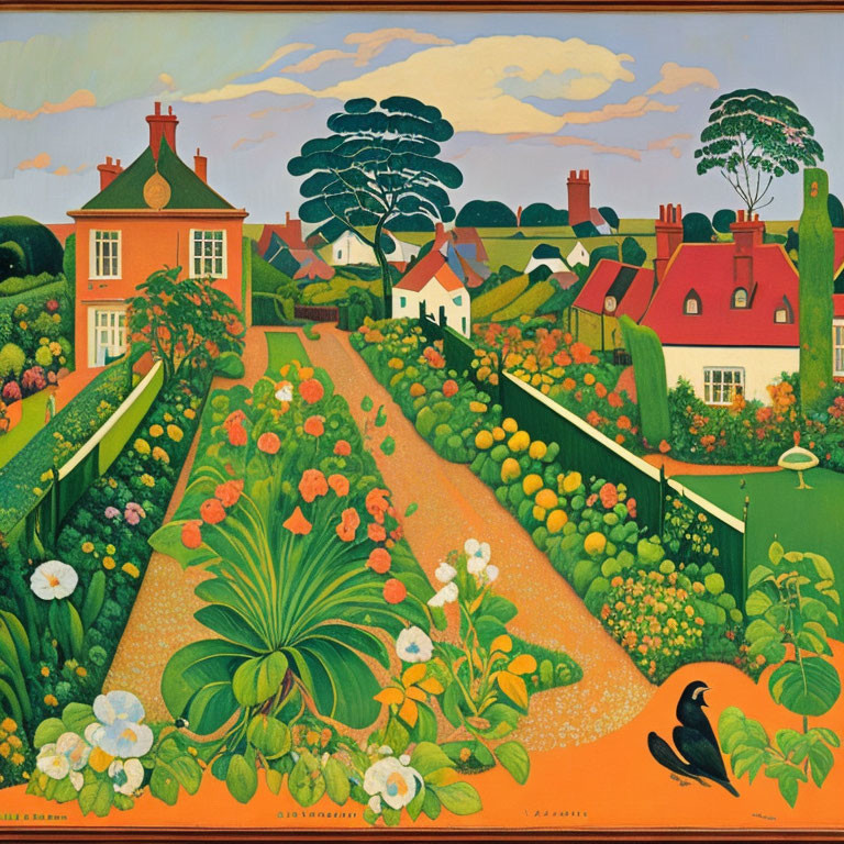 Vibrant painting of quaint houses, gardens, path, blackbird, and serene sky