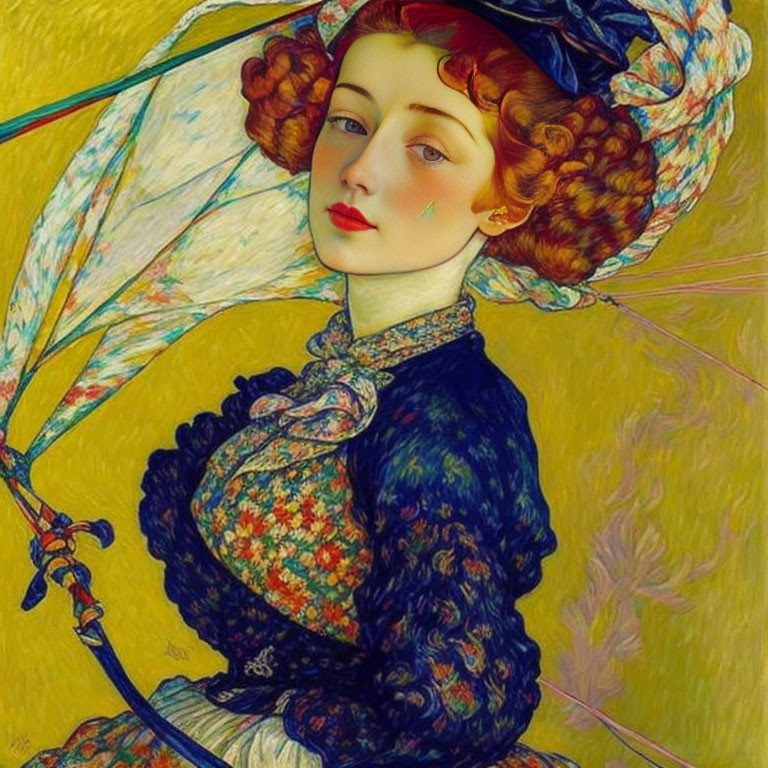 Vibrant impressionist portrait of a woman with red lips and curly brown hair holding a parasol